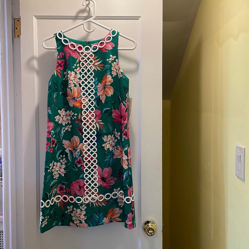 NWT Eliza J Green Floral Sleeveless Dress with White Embroidery Size 4